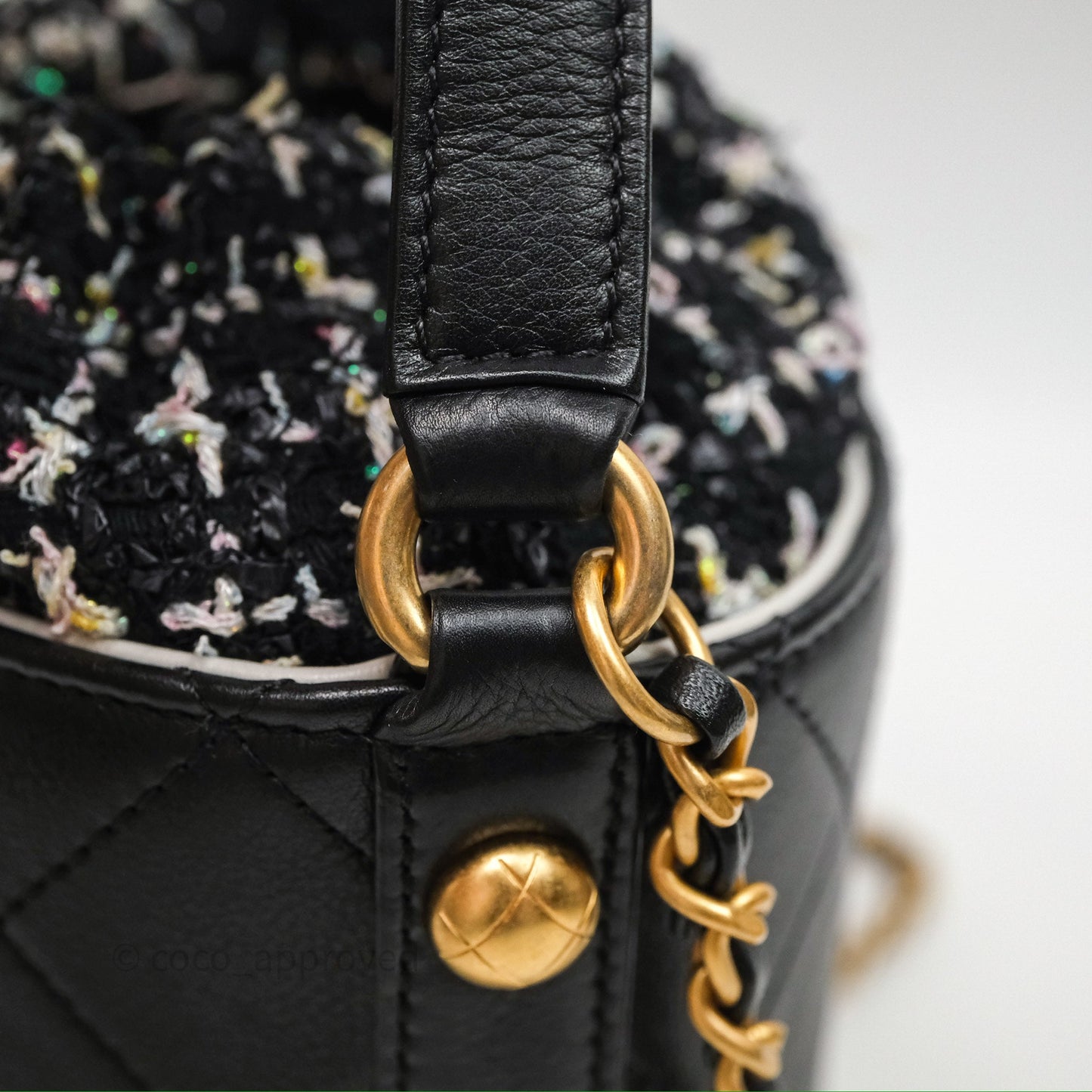Chanel Drawstring Tweed Bucket Bag Quilted Black Caviar Aged Gold Hardware