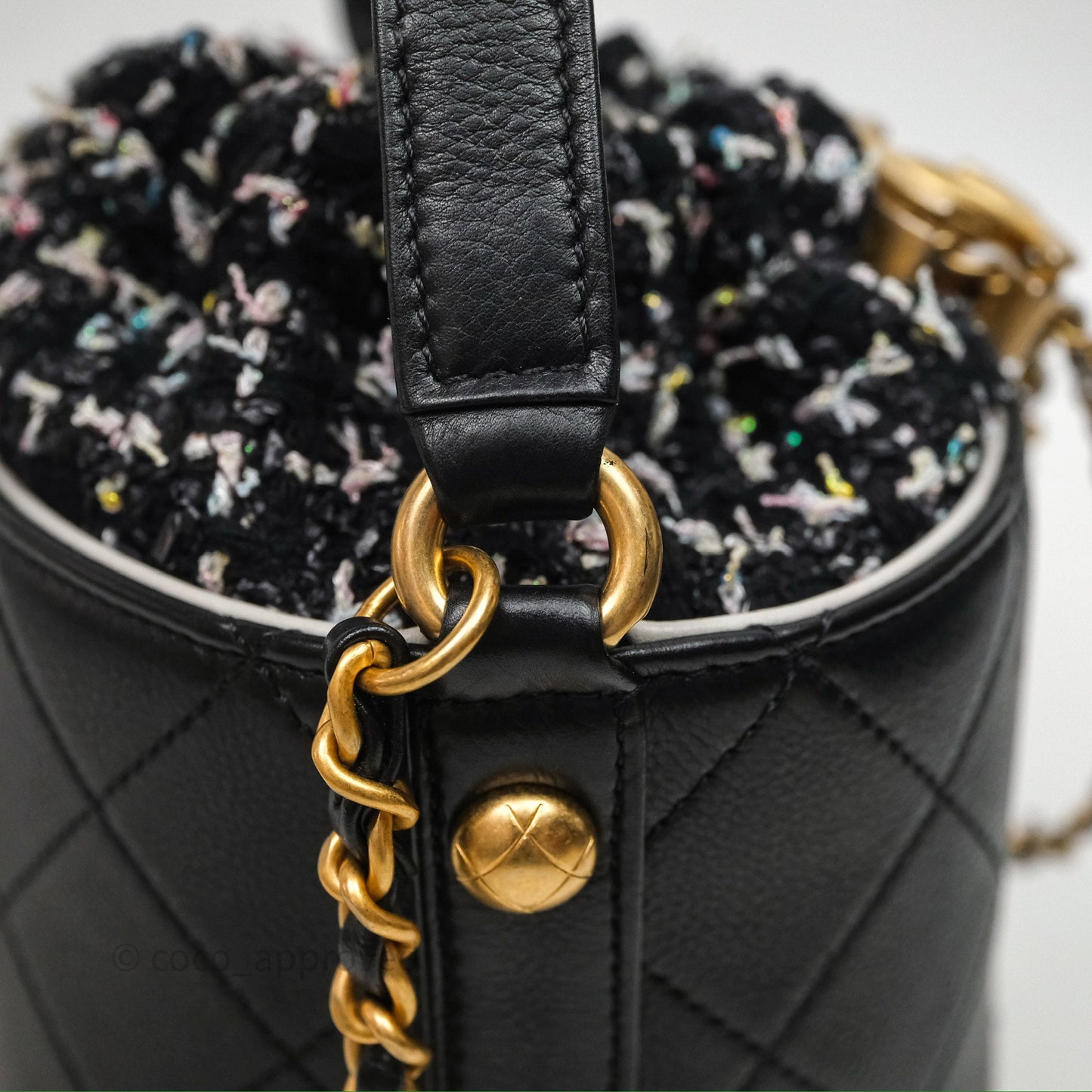 Chanel Drawstring Tweed Bucket Bag Quilted Black Caviar Aged Gold Hardware