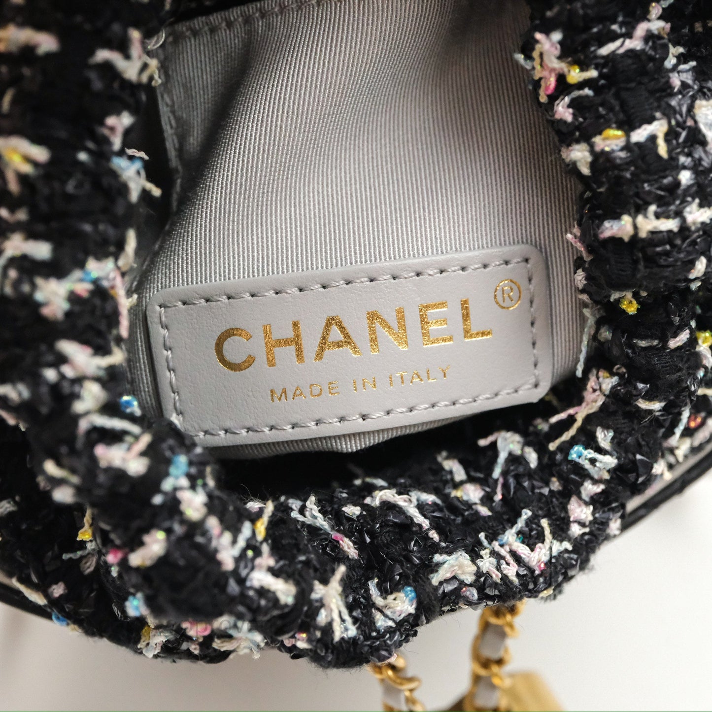 Chanel Drawstring Tweed Bucket Bag Quilted Black Caviar Aged Gold Hardware
