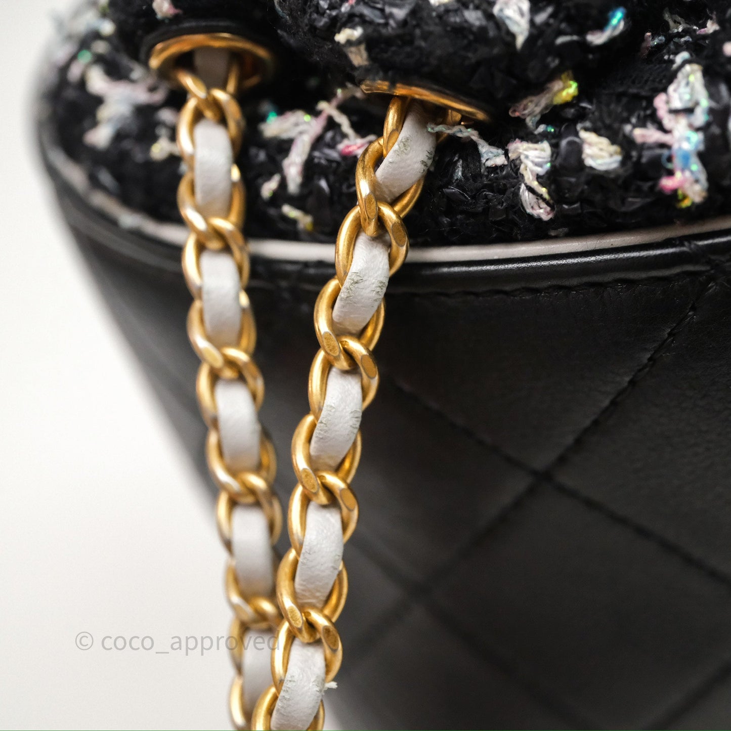 Chanel Drawstring Tweed Bucket Bag Quilted Black Caviar Aged Gold Hardware