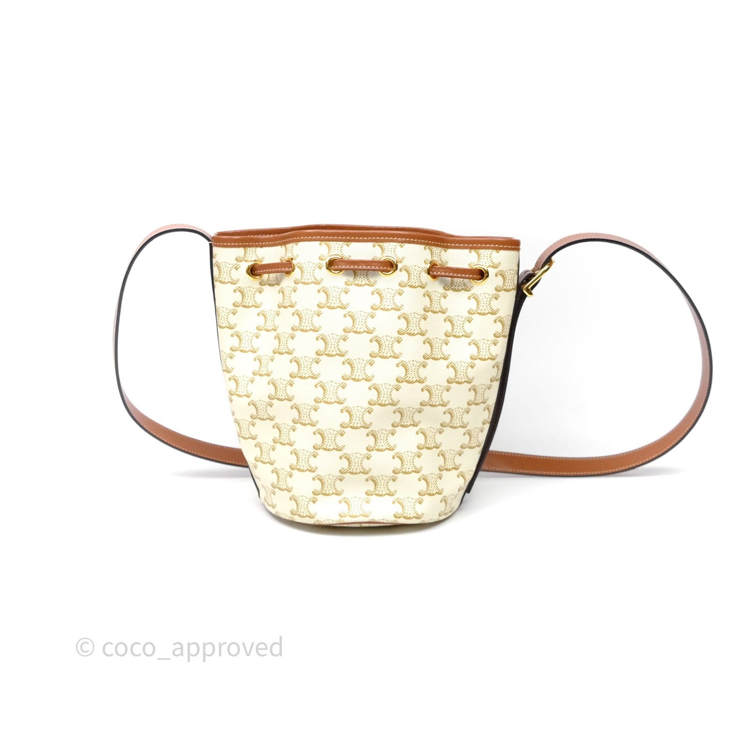 Celine Small Drawstring Bucket Bag Triomphe Canvas White Calfskin