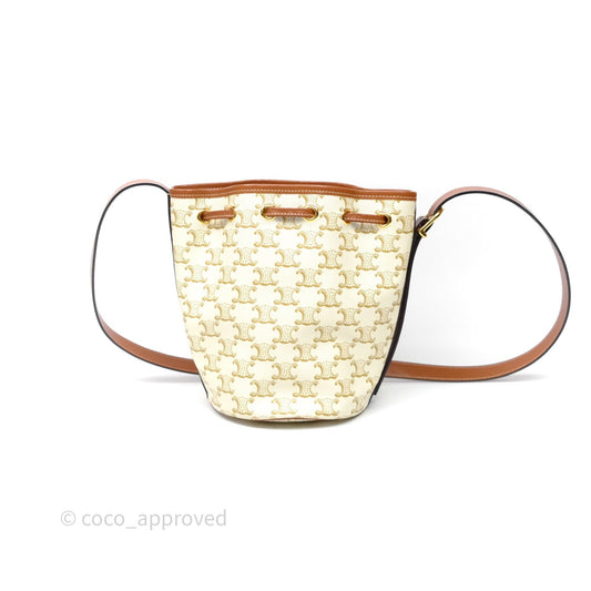 Celine Small Drawstring Bucket Bag Triomphe Canvas White Calfskin