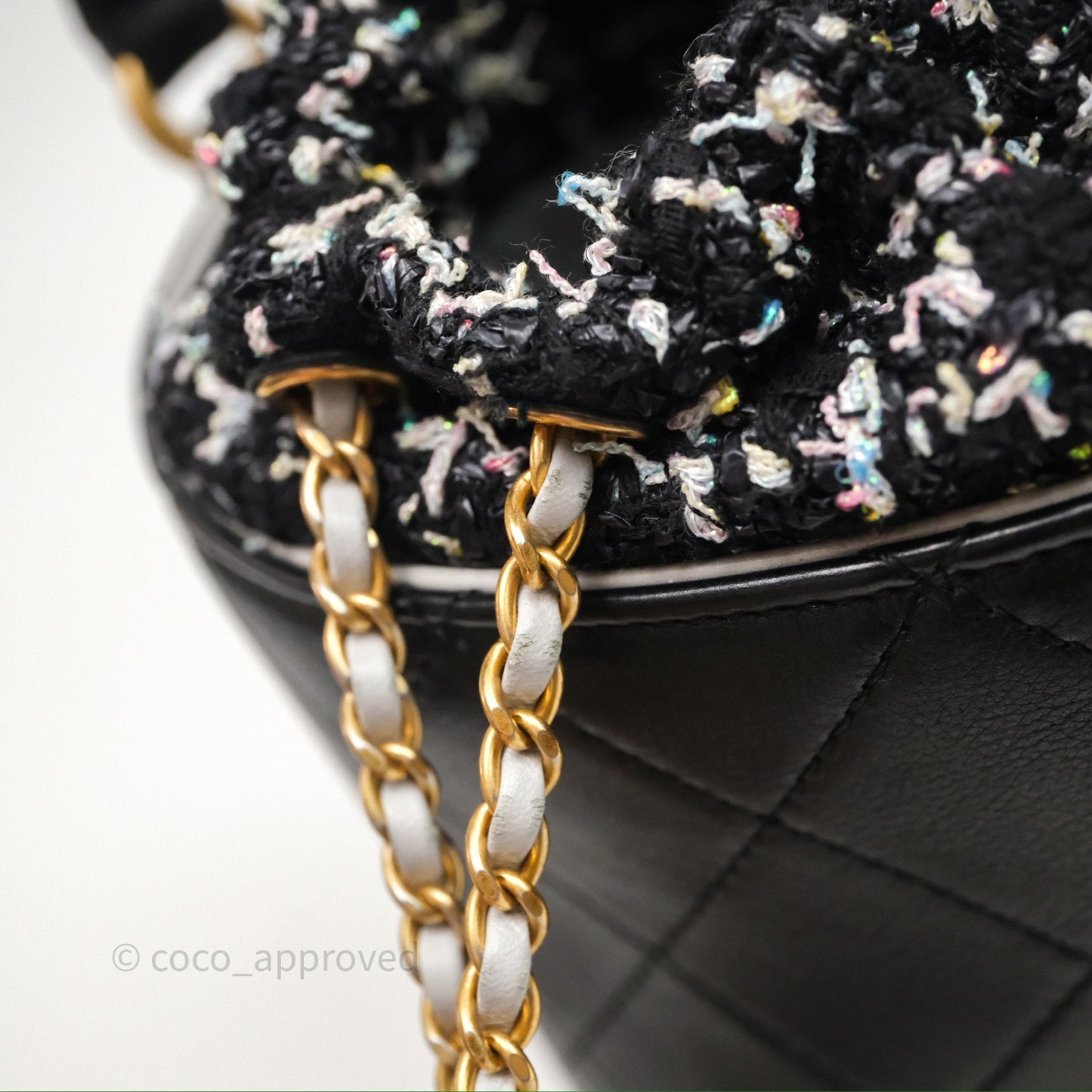 Chanel Drawstring Tweed Bucket Bag Quilted Black Caviar Aged Gold Hardware