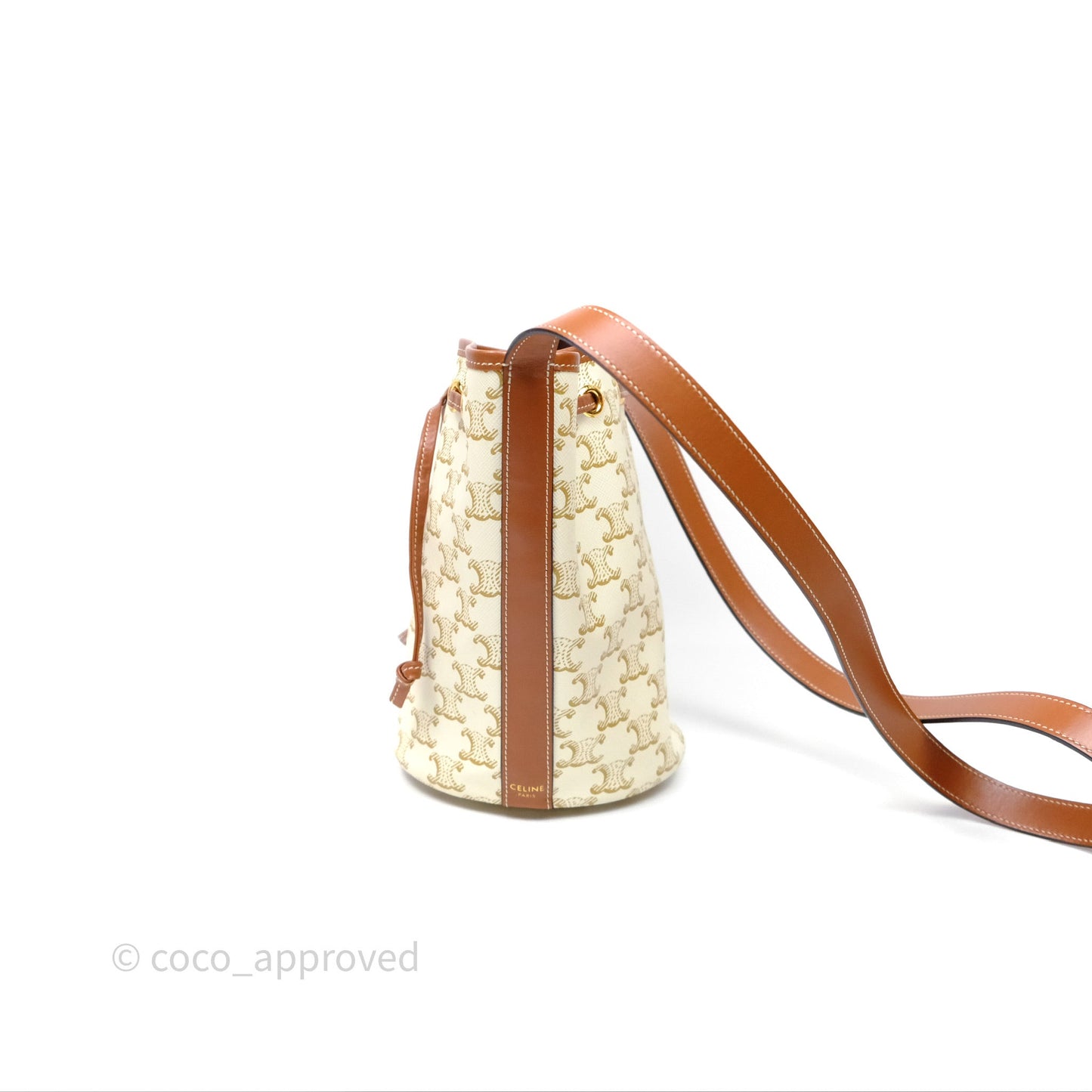 Celine Small Drawstring Bucket Bag Triomphe Canvas White Calfskin