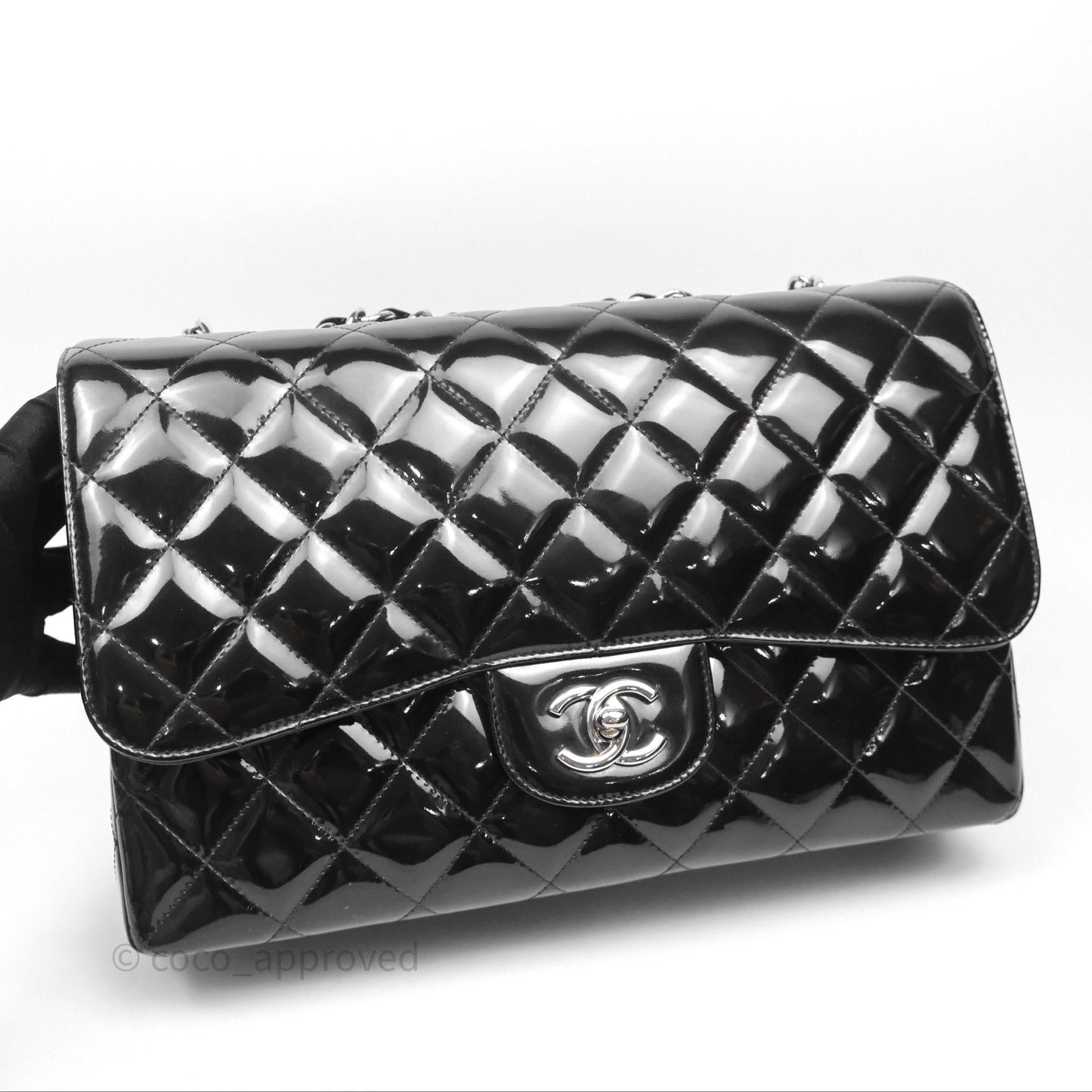 Chanel Jumbo Single Flap Black Patent Silver Hardware⁣⁣