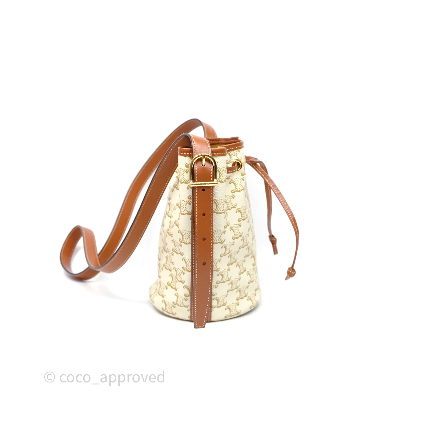 Celine Small Drawstring Bucket Bag Triomphe Canvas White Calfskin