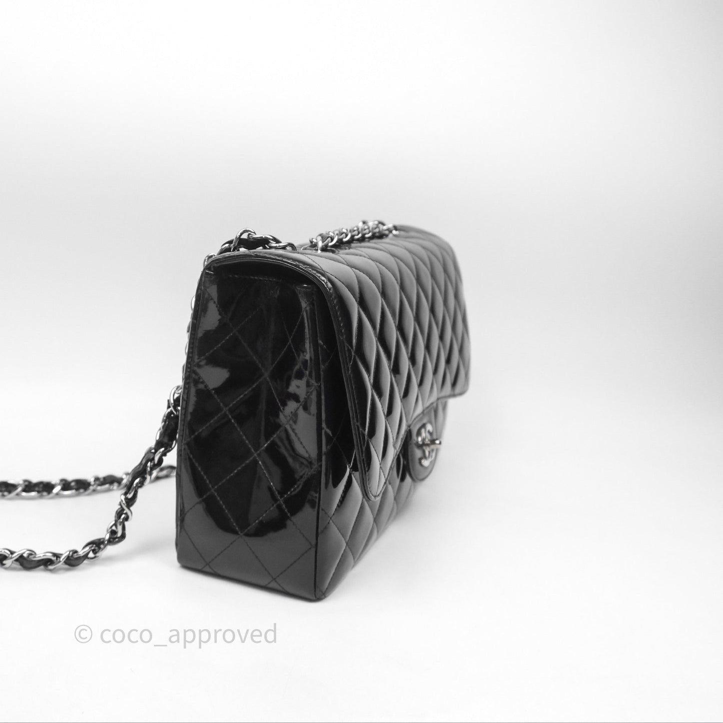Chanel Jumbo Single Flap Black Patent Silver Hardware⁣⁣