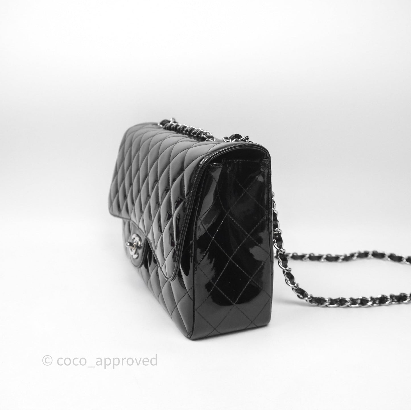 Chanel Jumbo Single Flap Black Patent Silver Hardware⁣⁣