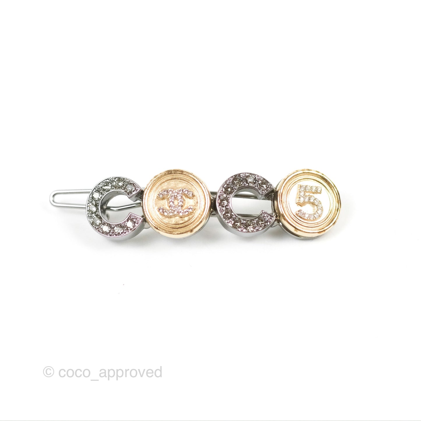 Chanel Coco CC Crystal Hair Clip Gold Tone 21S