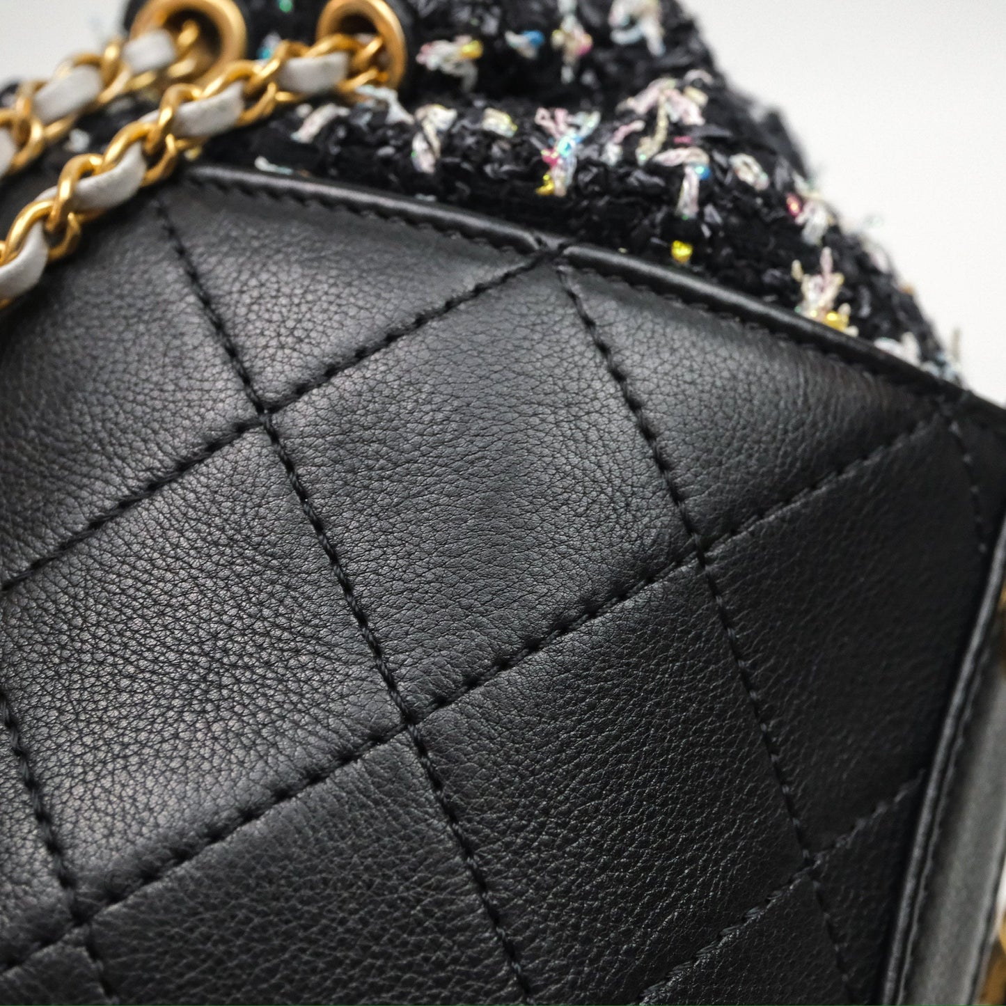 Chanel Drawstring Tweed Bucket Bag Quilted Black Caviar Aged Gold Hardware
