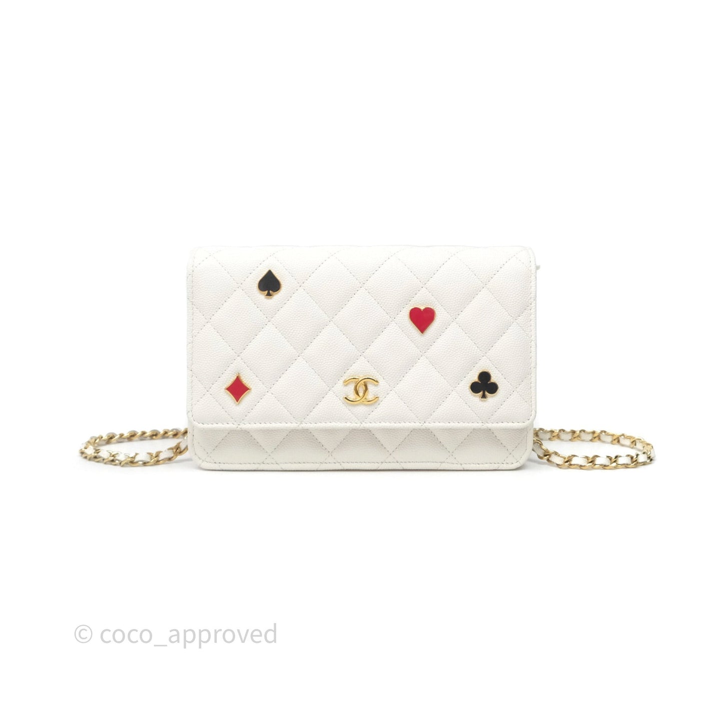 Chanel Quilted Classic Poker Wallet on Chain WOC White Caviar Gold Hardware