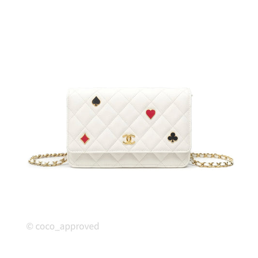 Chanel Quilted Classic Poker Wallet on Chain WOC White Caviar Gold Hardware