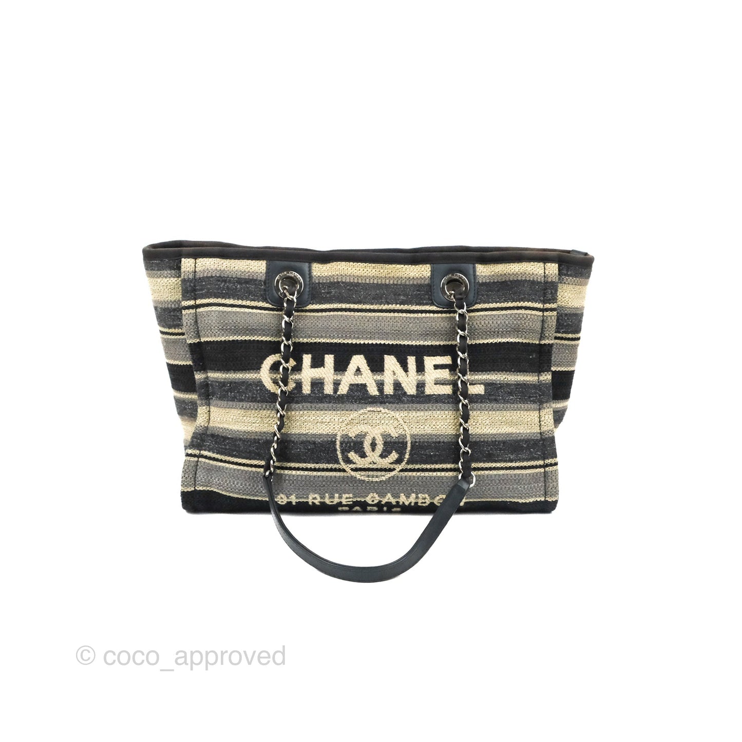 Chanel Medium Deauville Tote Stripe Navy/Grey Canvas Silver Hardware