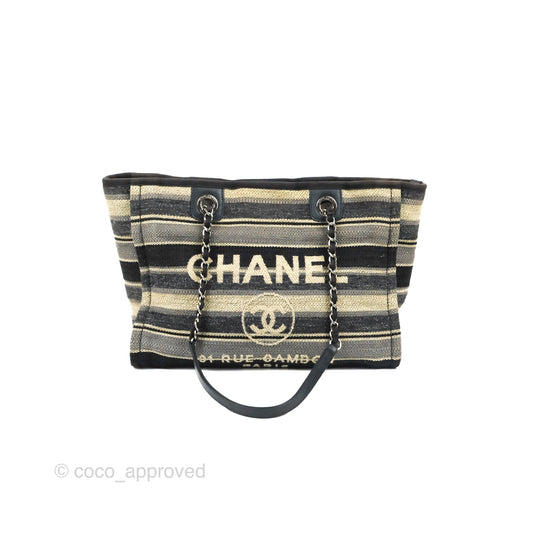 Chanel Medium Deauville Tote Stripe Navy/Grey Canvas Silver Hardware