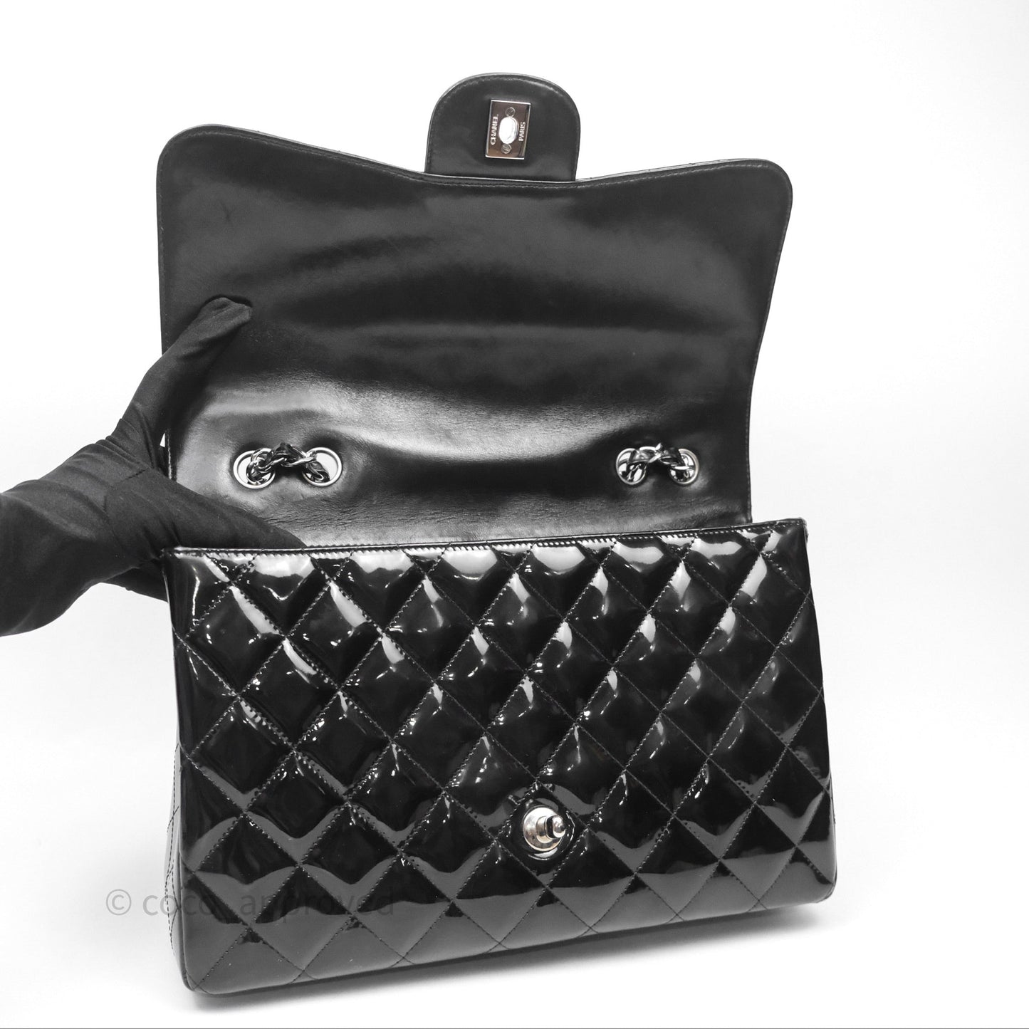 Chanel Jumbo Single Flap Black Patent Silver Hardware⁣⁣