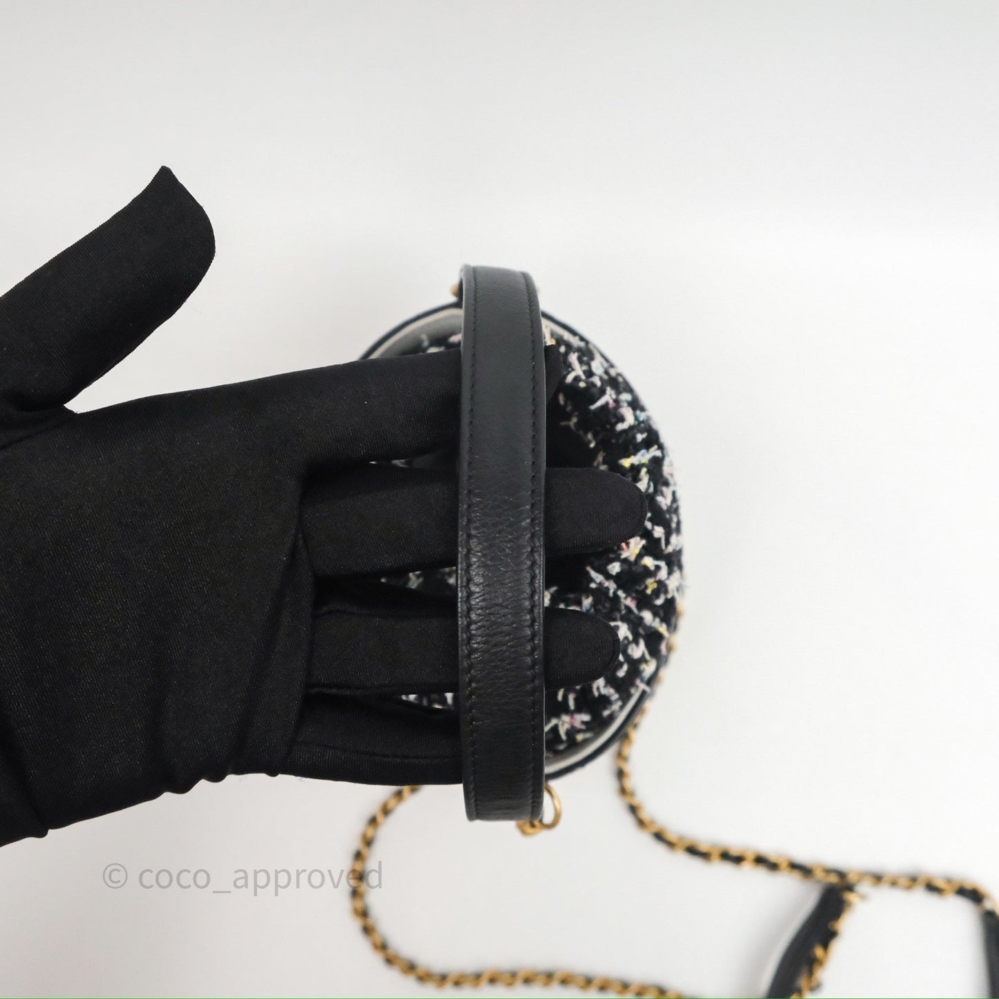 Chanel Drawstring Tweed Bucket Bag Quilted Black Caviar Aged Gold Hardware