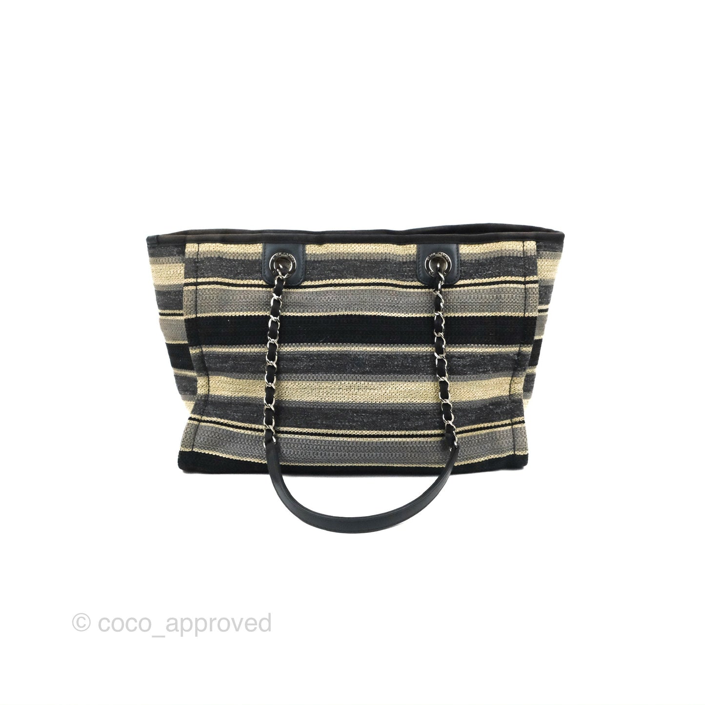 Chanel Medium Deauville Tote Stripe Navy/Grey Canvas Silver Hardware