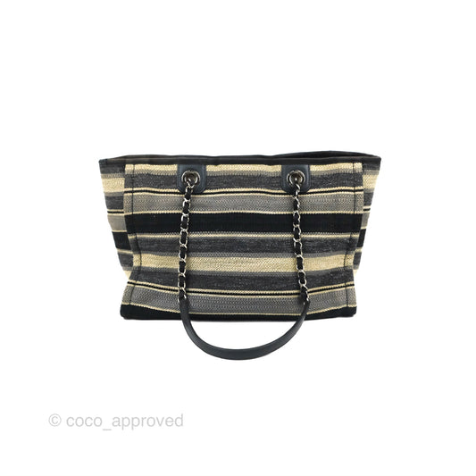 Chanel Medium Deauville Tote Stripe Navy/Grey Canvas Silver Hardware
