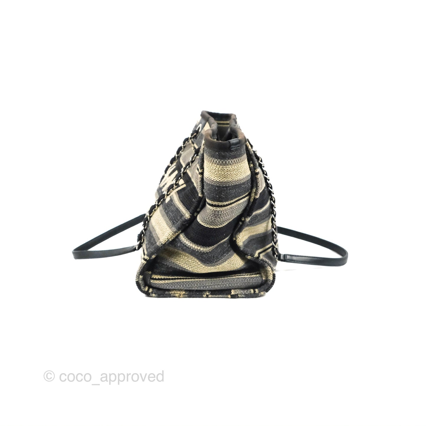Chanel Medium Deauville Tote Stripe Navy/Grey Canvas Silver Hardware