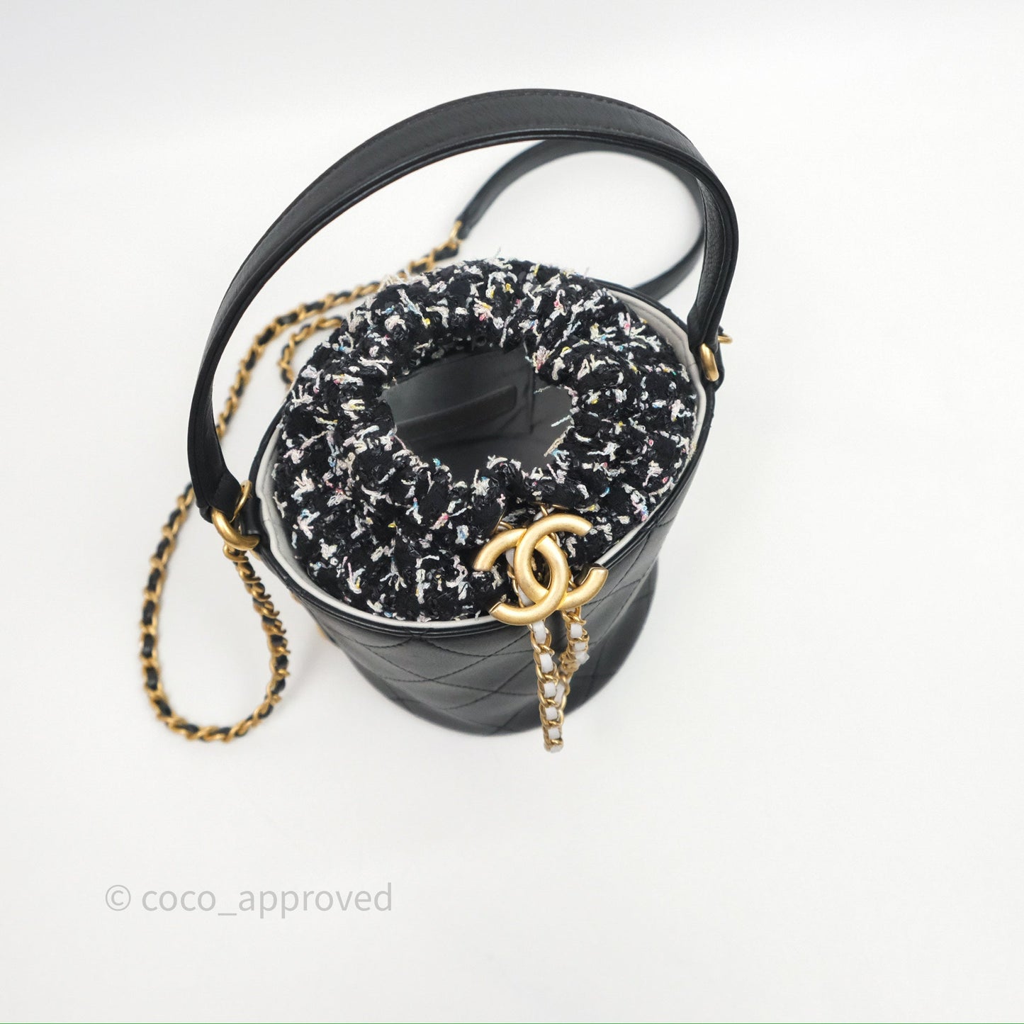 Chanel Drawstring Tweed Bucket Bag Quilted Black Caviar Aged Gold Hardware