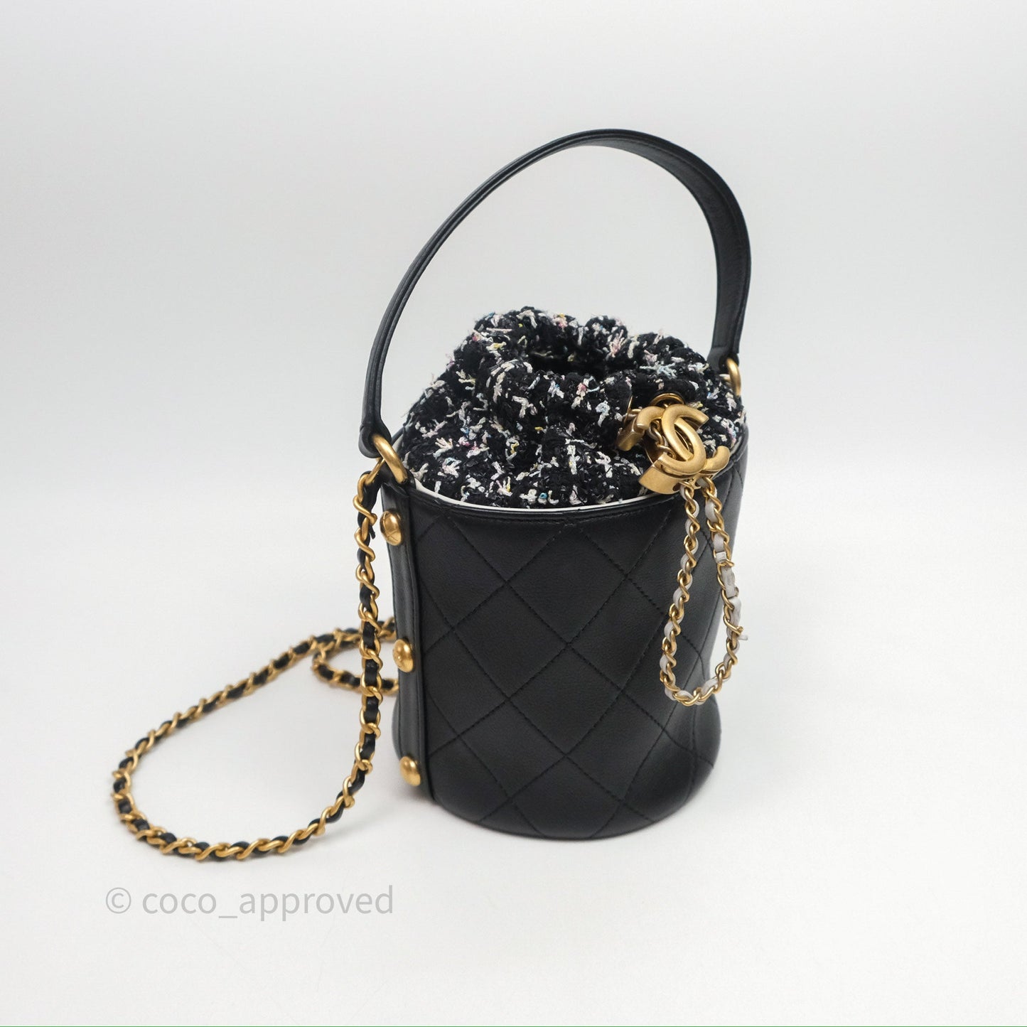 Chanel Drawstring Tweed Bucket Bag Quilted Black Caviar Aged Gold Hardware