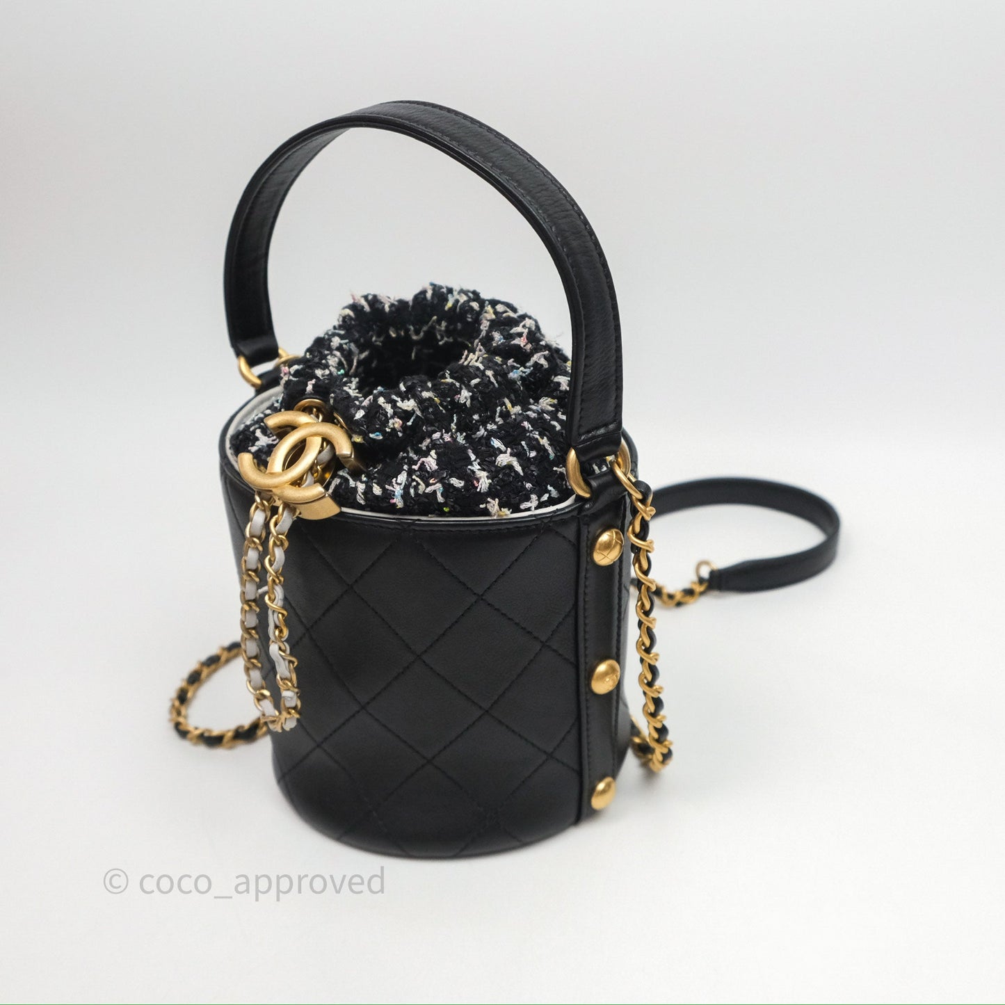 Chanel Drawstring Tweed Bucket Bag Quilted Black Caviar Aged Gold Hardware