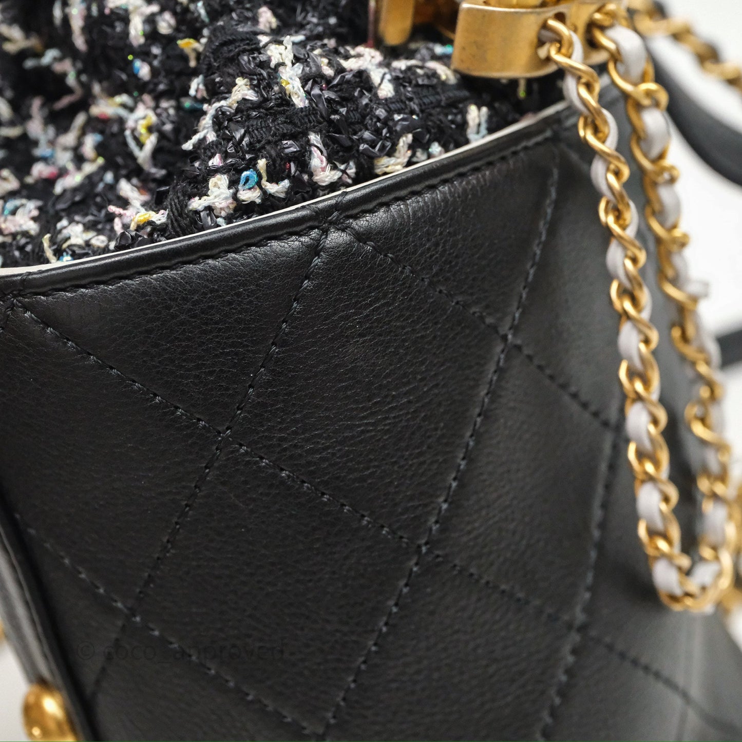 Chanel Drawstring Tweed Bucket Bag Quilted Black Caviar Aged Gold Hardware