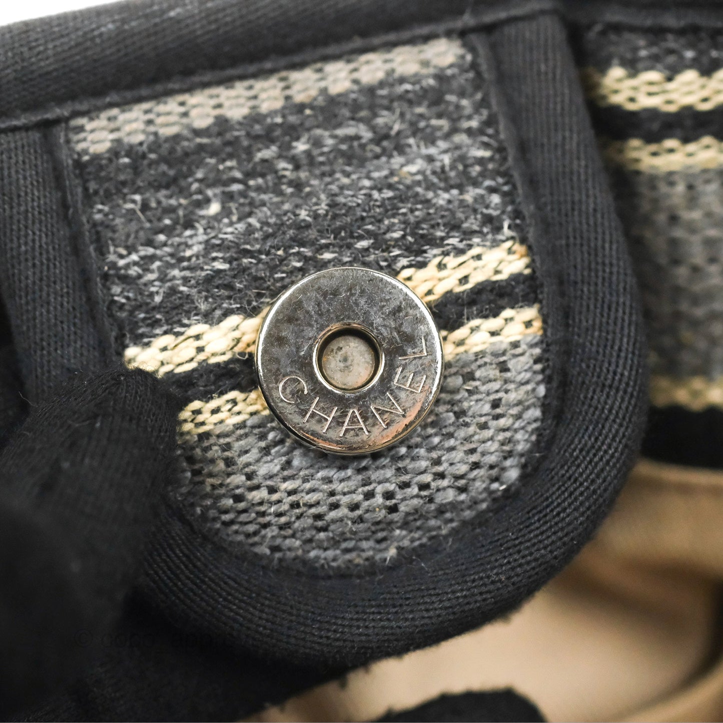 Chanel Medium Deauville Tote Stripe Navy/Grey Canvas Silver Hardware