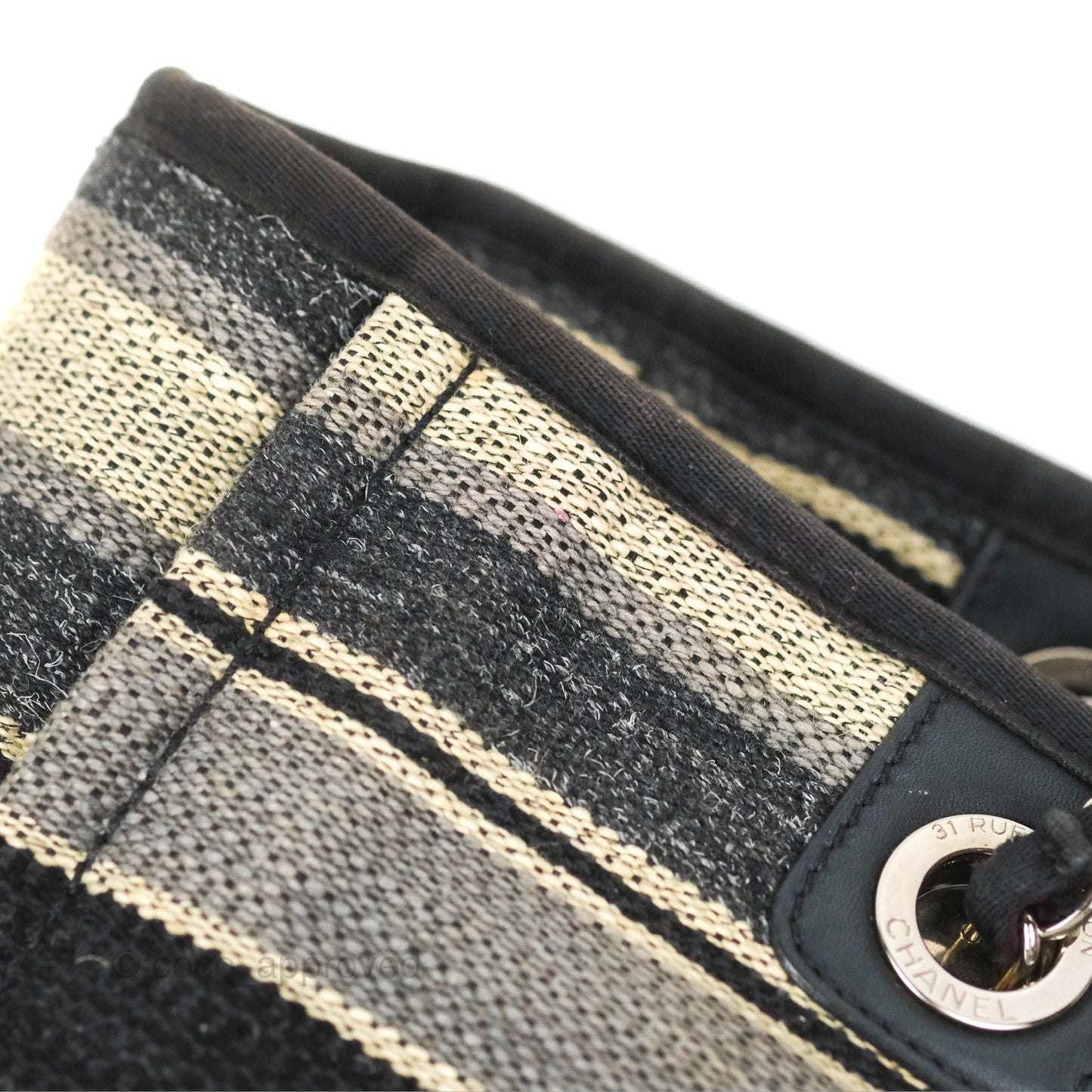 Chanel Medium Deauville Tote Stripe Navy/Grey Canvas Silver Hardware