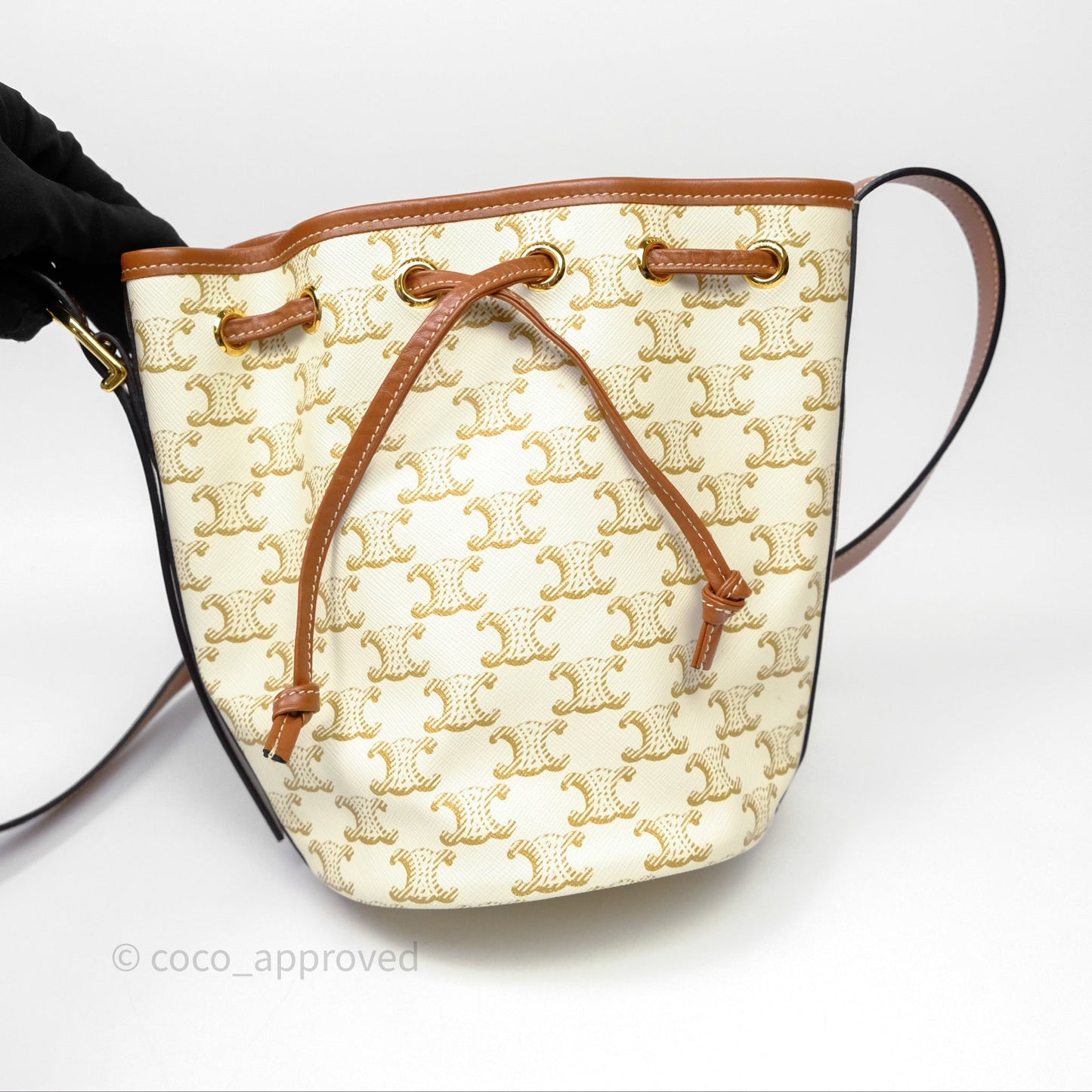 Celine Small Drawstring Bucket Bag Triomphe Canvas White Calfskin