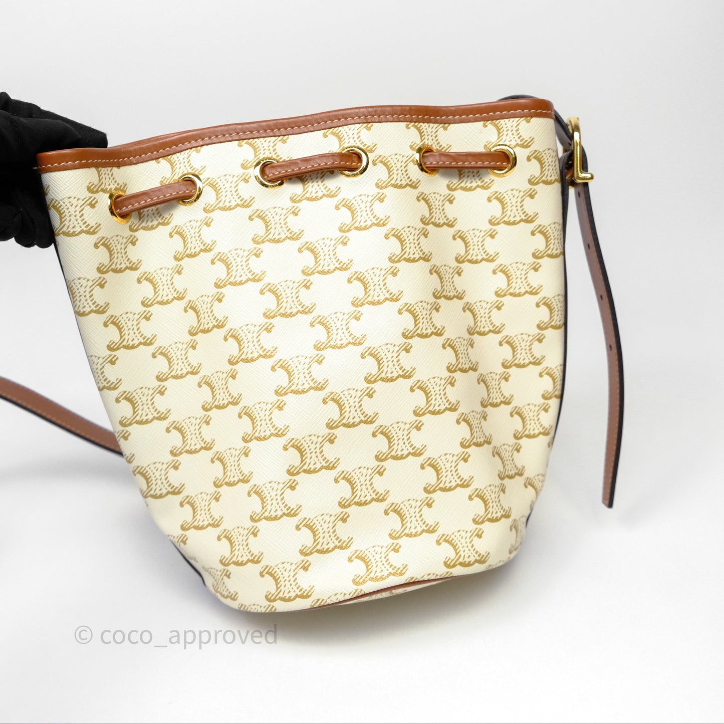 Celine Small Drawstring Bucket Bag Triomphe Canvas White Calfskin