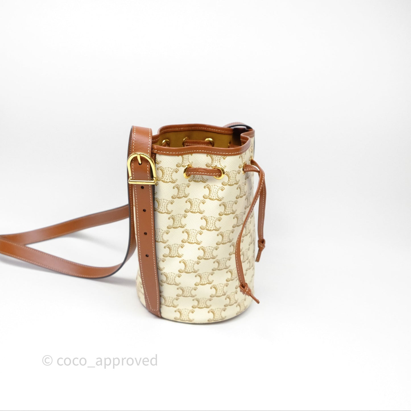 Celine Small Drawstring Bucket Bag Triomphe Canvas White Calfskin