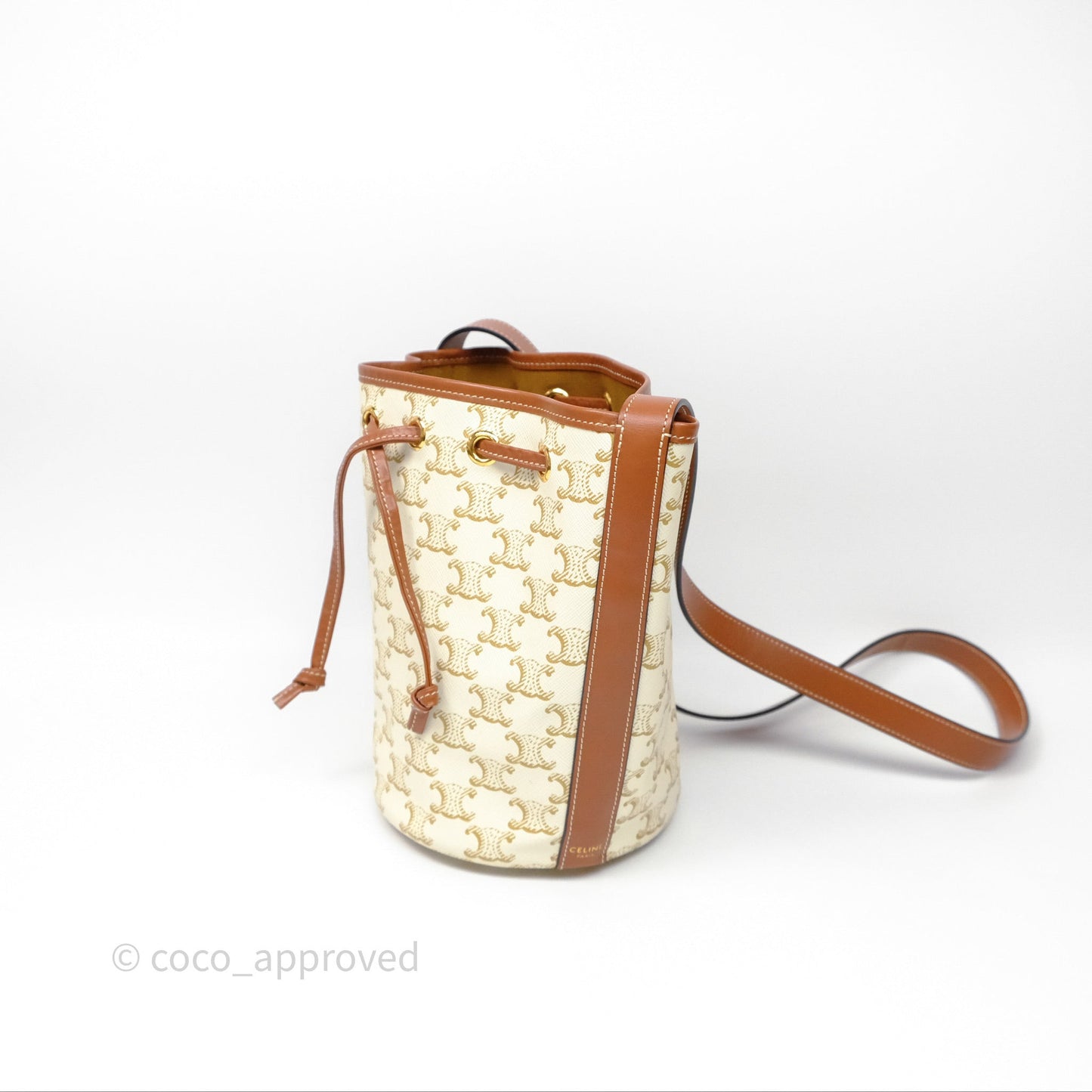 Celine Small Drawstring Bucket Bag Triomphe Canvas White Calfskin