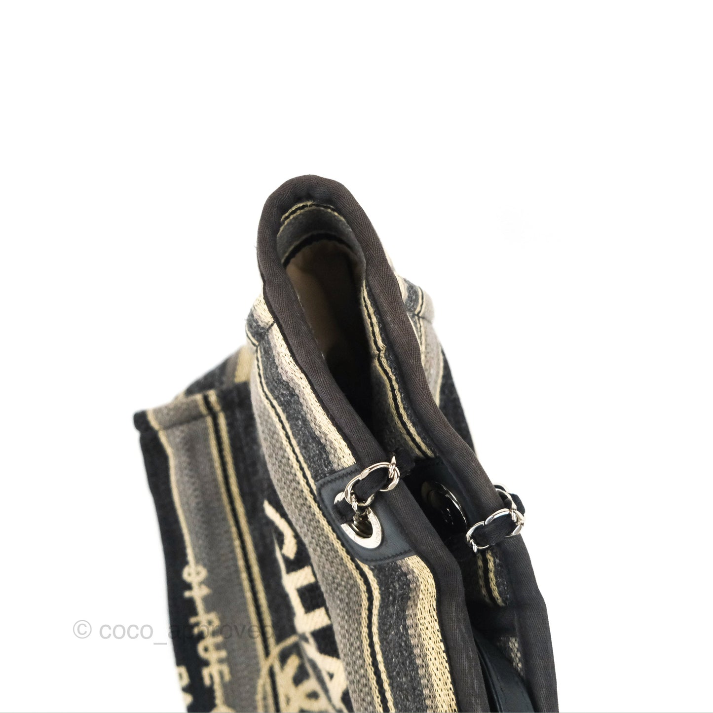 Chanel Medium Deauville Tote Stripe Navy/Grey Canvas Silver Hardware