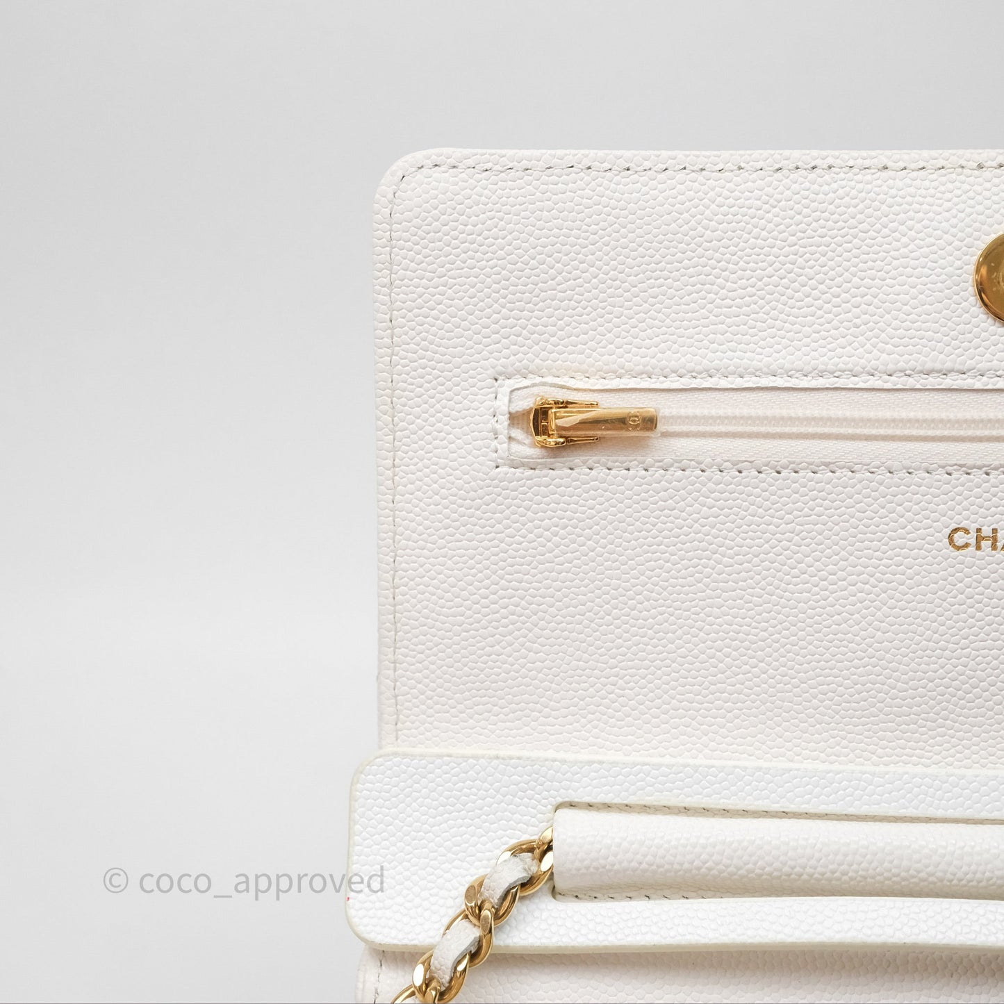 Chanel Quilted Classic Poker Wallet on Chain WOC White Caviar Gold Hardware