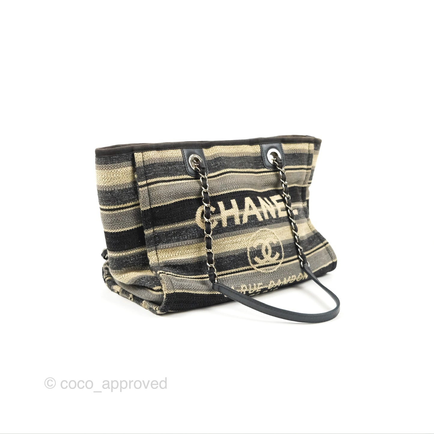 Chanel Medium Deauville Tote Stripe Navy/Grey Canvas Silver Hardware