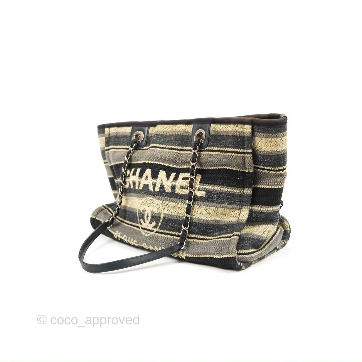 Chanel Medium Deauville Tote Stripe Navy/Grey Canvas Silver Hardware