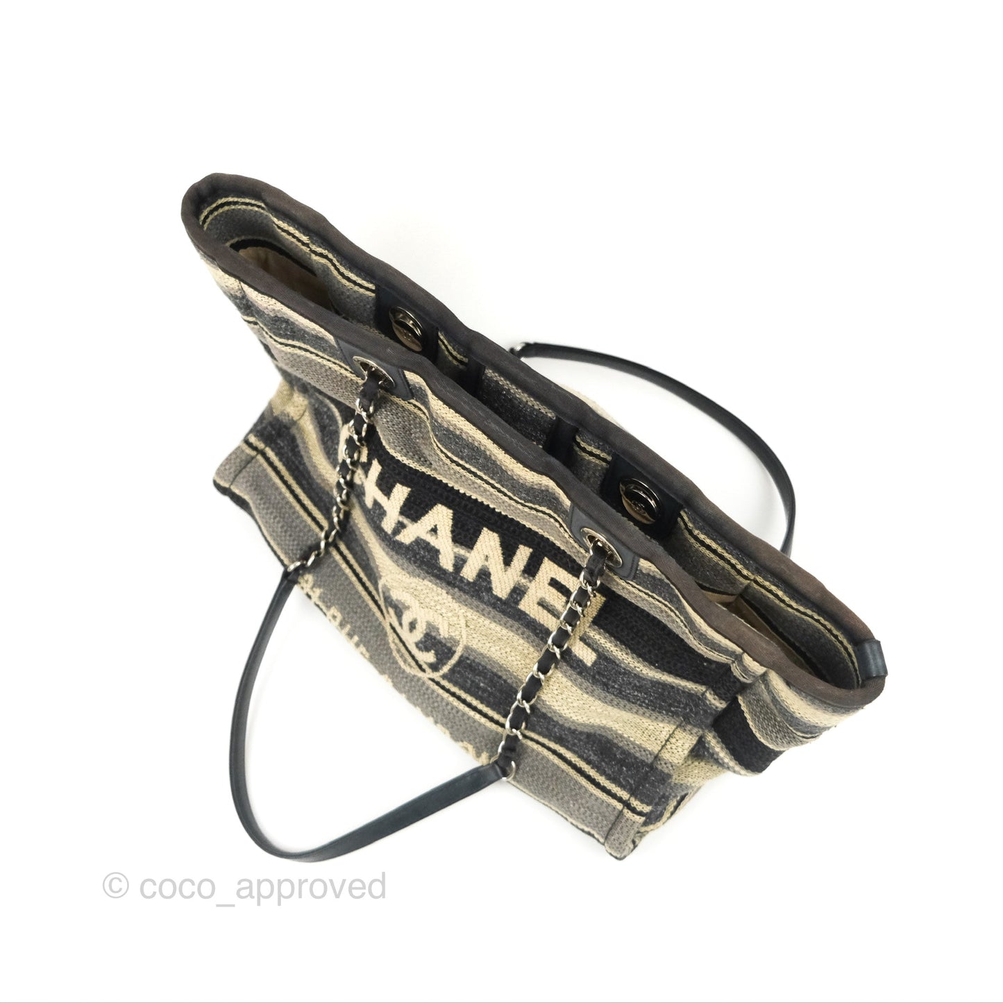 Chanel Medium Deauville Tote Stripe Navy/Grey Canvas Silver Hardware