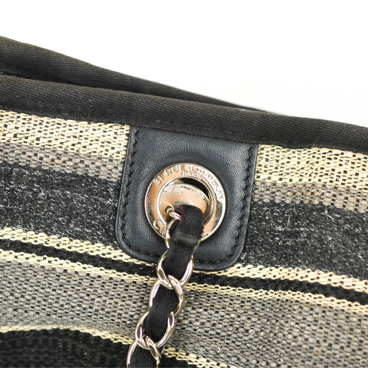 Chanel Medium Deauville Tote Stripe Navy/Grey Canvas Silver Hardware