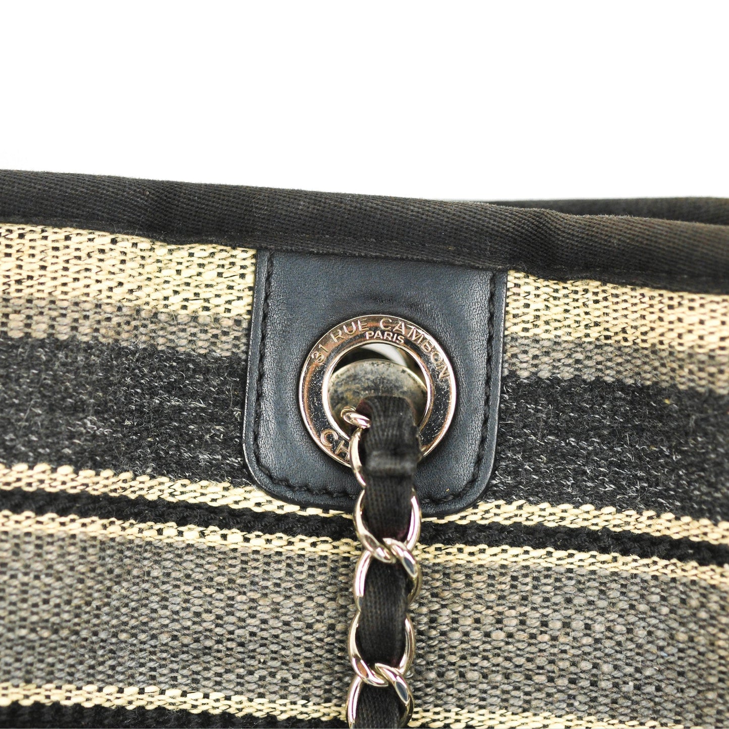 Chanel Medium Deauville Tote Stripe Navy/Grey Canvas Silver Hardware
