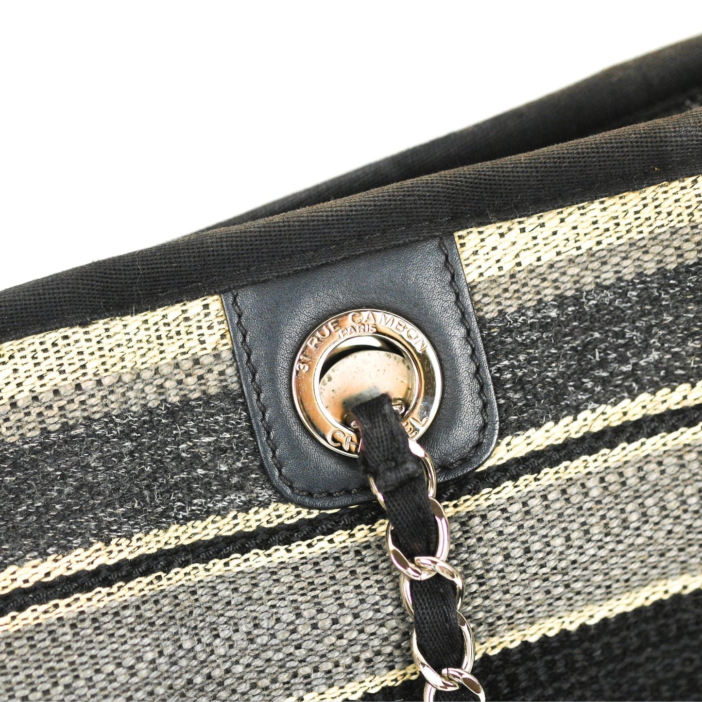 Chanel Medium Deauville Tote Stripe Navy/Grey Canvas Silver Hardware