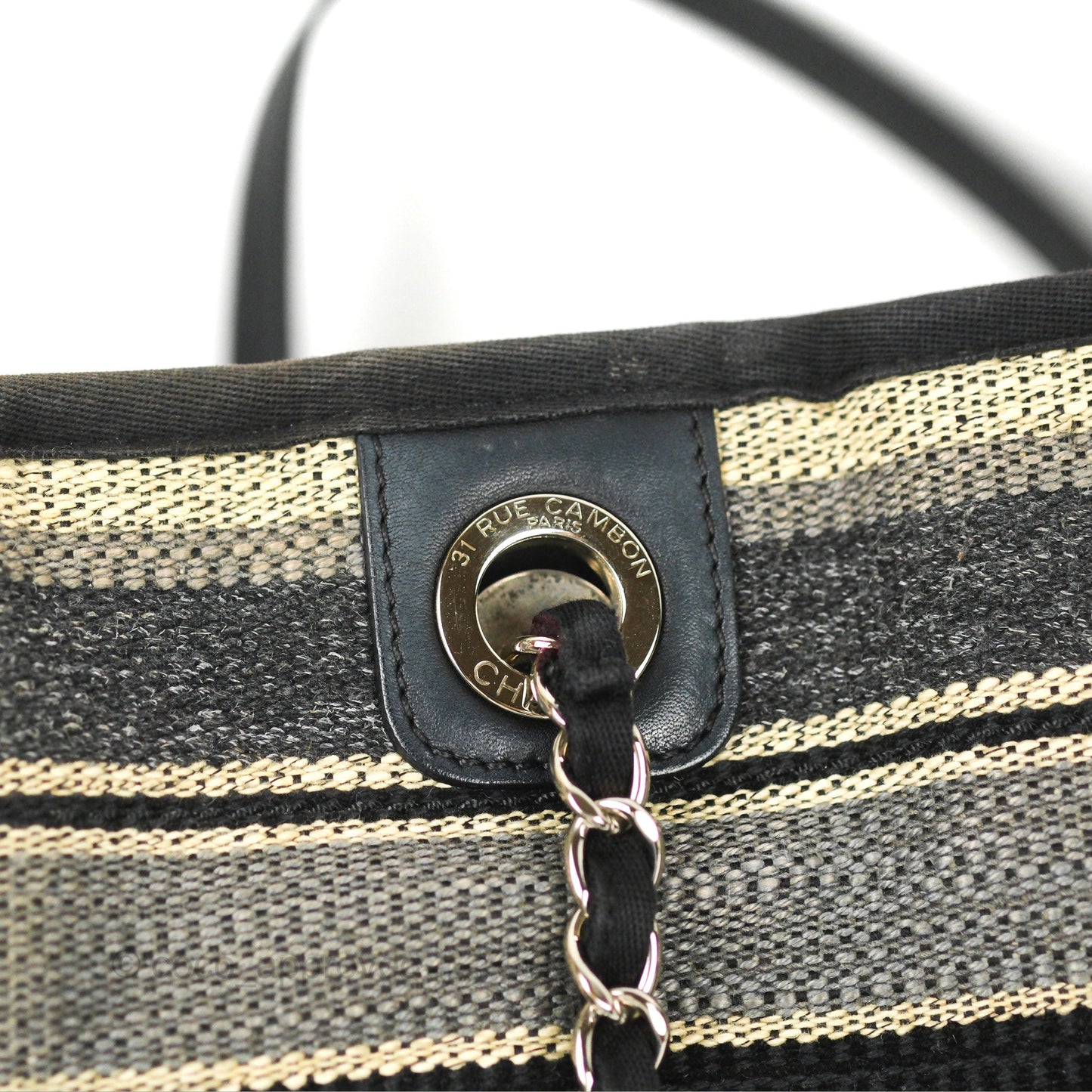 Chanel Medium Deauville Tote Stripe Navy/Grey Canvas Silver Hardware