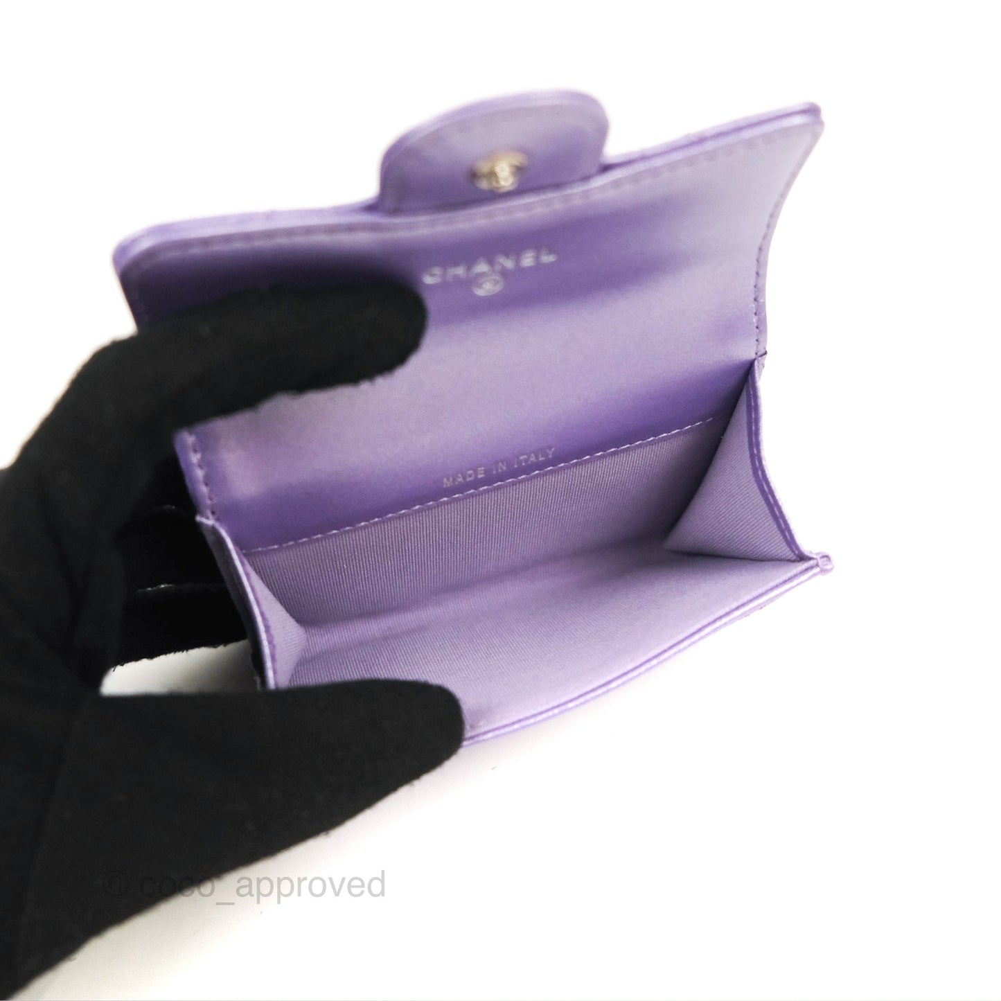 Chanel Classic Flap Card Holder Quilted Iridescent Purple Lambskin Silver Hardware