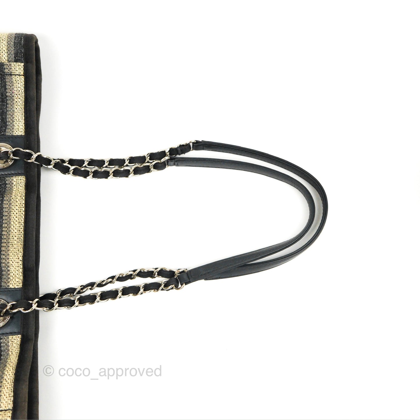Chanel Medium Deauville Tote Stripe Navy/Grey Canvas Silver Hardware