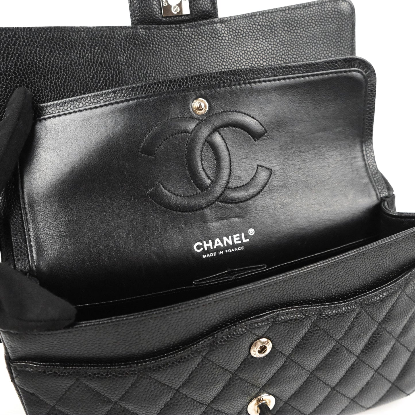 Chanel Classic M/L Medium Flap Quilted Black Caviar Silver Hardware