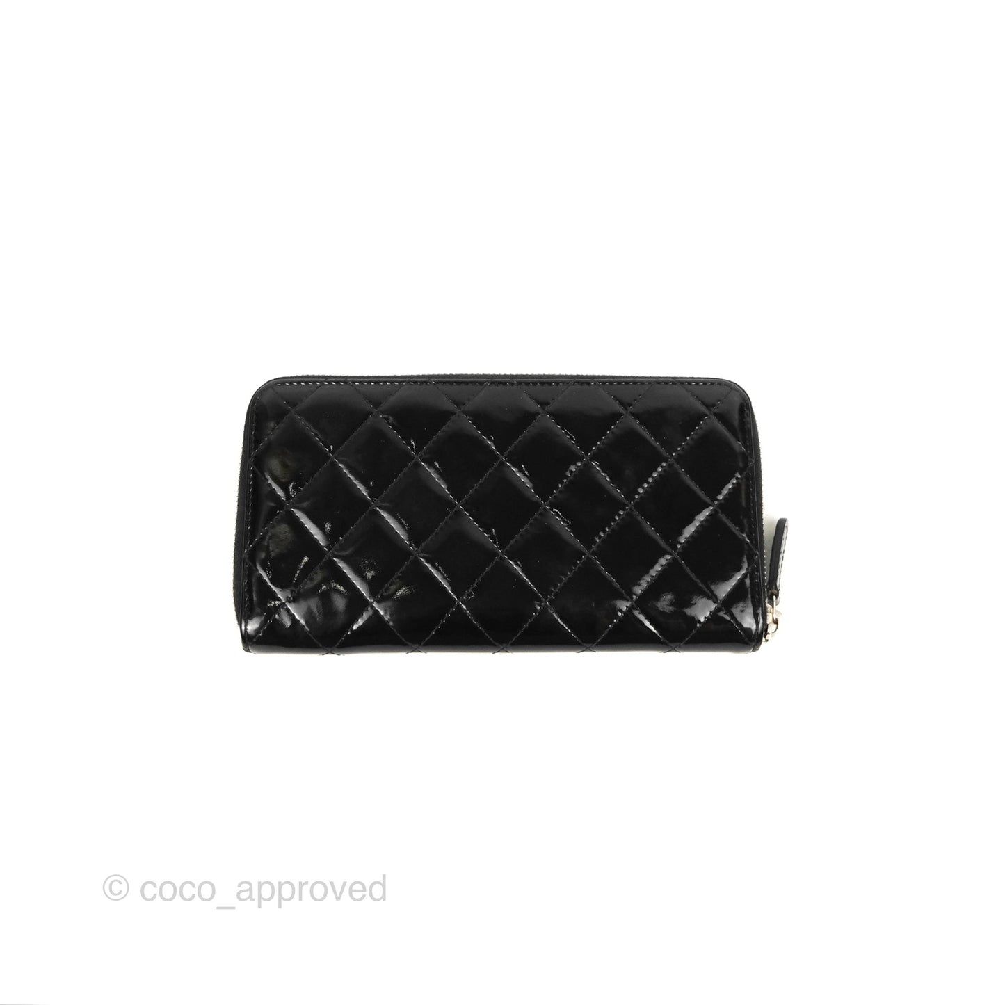 Chanel Classic Zip Long Wallet Quilted Black Patent Silver Hardware