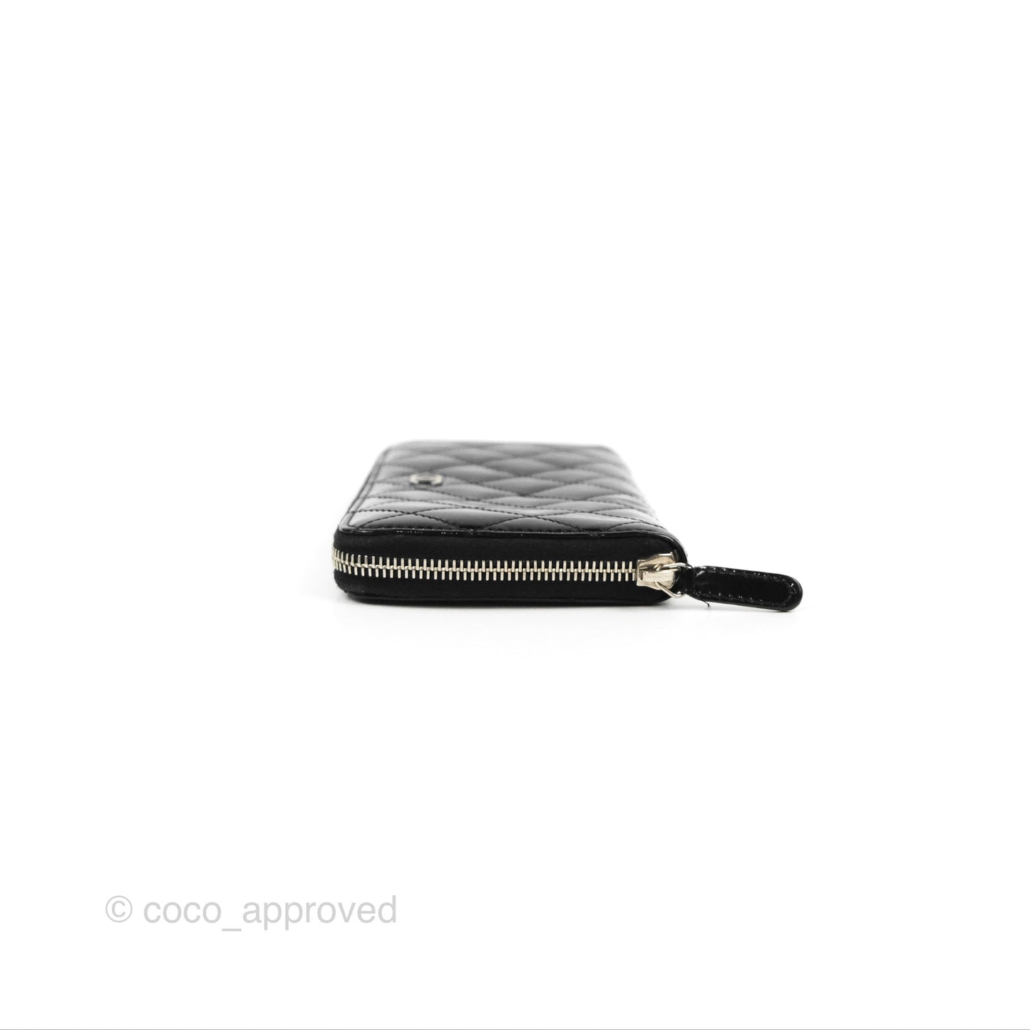 Chanel Classic Zip Long Wallet Quilted Black Patent Silver Hardware