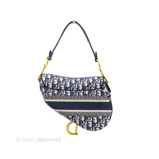 Christian Dior Saddle Bag Navy Dior Oblique Embroidery Gold Hardware