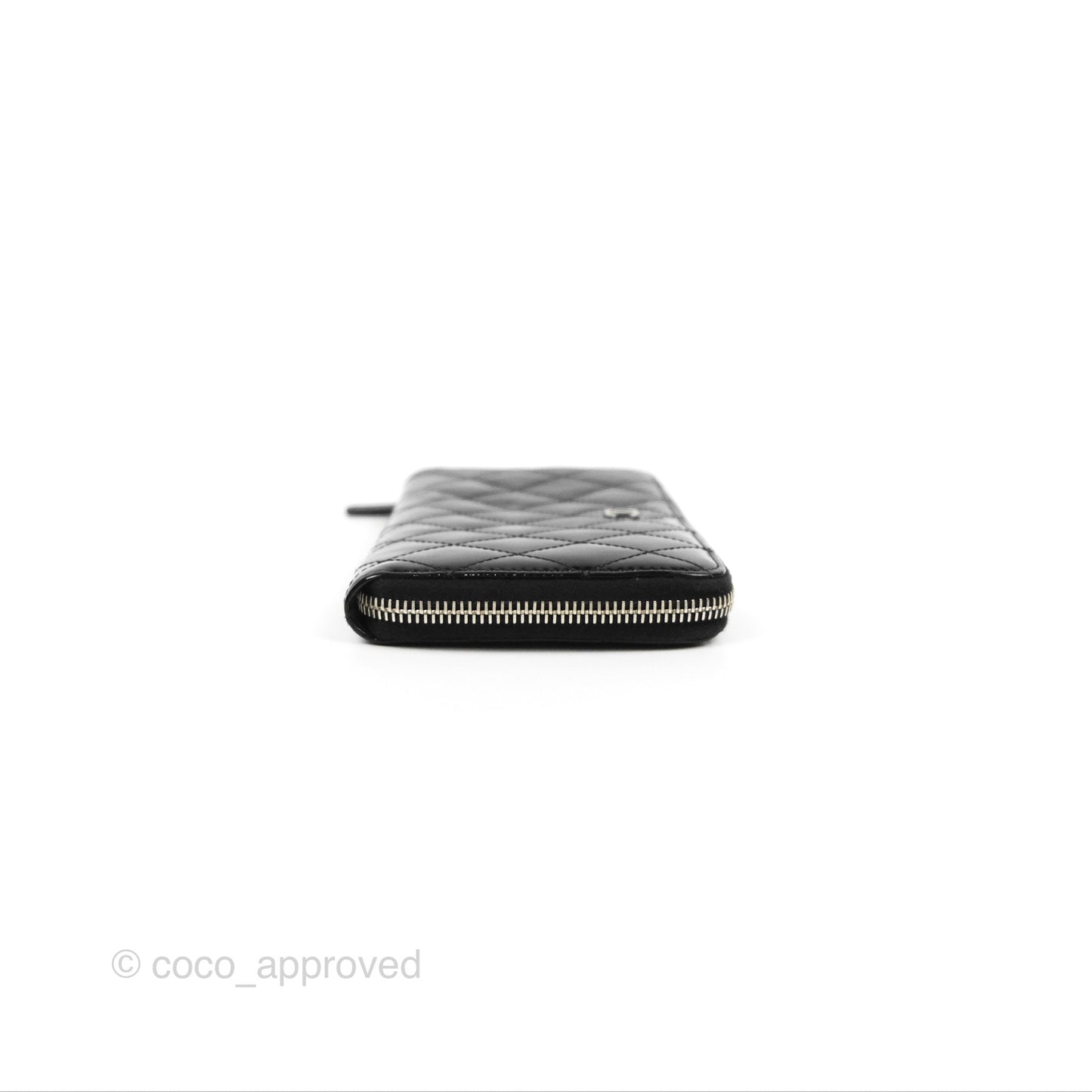 Chanel Classic Zip Long Wallet Quilted Black Patent Silver Hardware