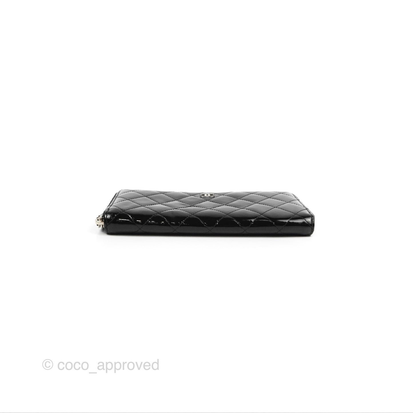 Chanel Classic Zip Long Wallet Quilted Black Patent Silver Hardware